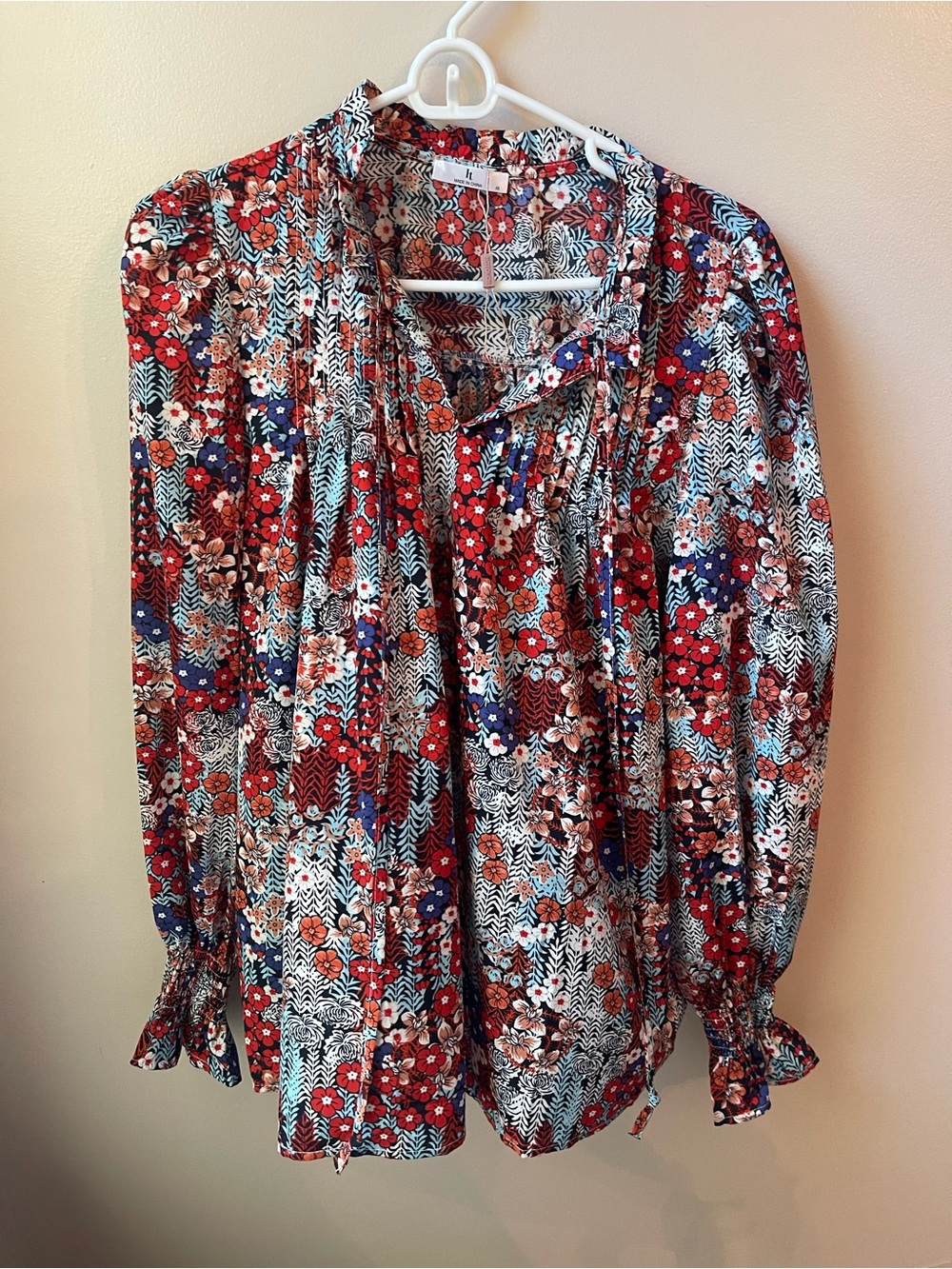 Printed Tie-Neck Blouse in Red Multi by Unknown Brand